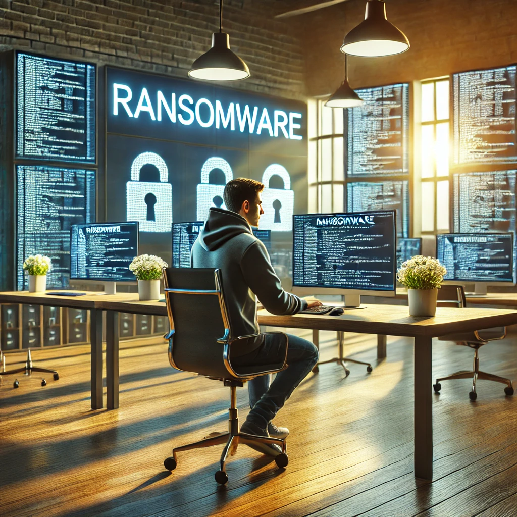 A visually engaging digital artwork of a skilled programmer creating ransomware code in a modern and pleasant environment.