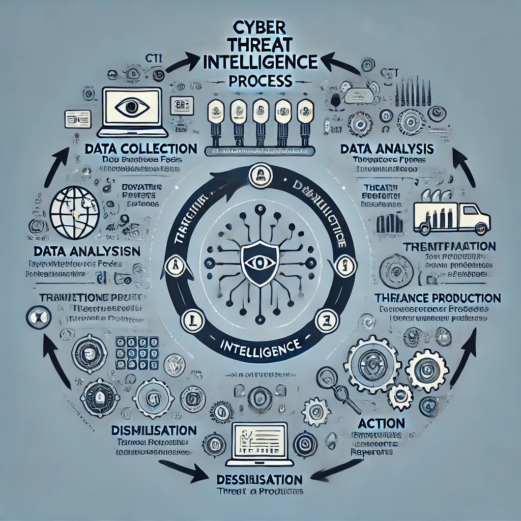 Infographic illustrating the Cyber Threat Intelligence (CTI) process, showcasing the flow from data collection and analysis to actionable insights and strategic decision-making. The process includes threat data gathering, analysis of adversary behavior, risk assessment, and the delivery of actionable intelligence to stakeholders.